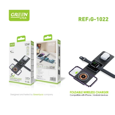 Carregador Sem Fios Dobrável 3 em 1 15W GreenLyca G-1022 para iPhone, Android, Smartwatch e Auriculares