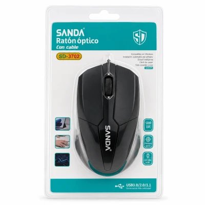 Ratón Óptico con Cable SANDA SD-3702 USB 1200 DPI Negro