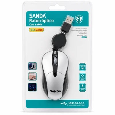 Mouse óptico USB com fio retrátil SANDA SD-3708, 1200 DPI, prata