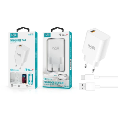 Cargador de Viaje M-Tec CX-32 Quick Charge 3.0 18W con Cable USB-C 1 Metro