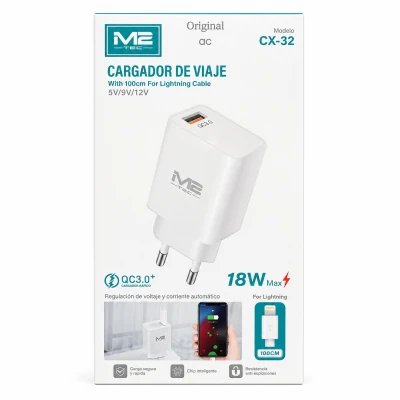 Carregador de viagem M-Tec CX-32 Quick Charge 3.0 de 18 W com cabo Lightning de 1 metro.