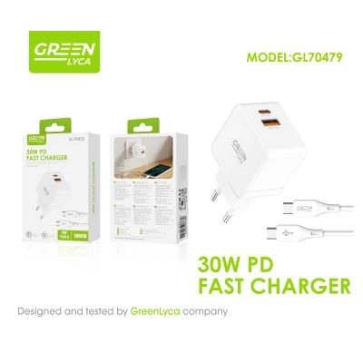 Chargeur Rapide 30W PD avec Câble USB-C à USB-C 1 Metro Green Lyca GL70479 grossiste M2TEC