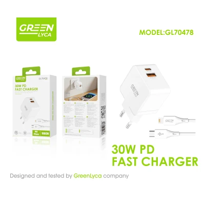 Chargeur Rapide 30W PD avec Câble USB-C à Lightning 1 Metro Green Lyca GL70478 grossiste M2TEC