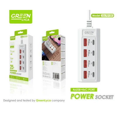 Régua de Carregamento USB e USB-C 25W com 8 Portas