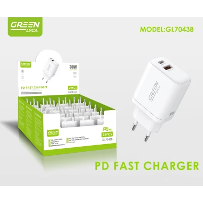 Chargeur rapide Green Lyca GL70438 30 W PD USB-C + QC 3.0, boîte de 24 pcs en gros | M2TEC Grossiste