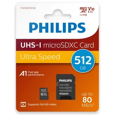 Cartão de Memória Philips MicroSDXC 512GB, Classe 10, U1 Negro