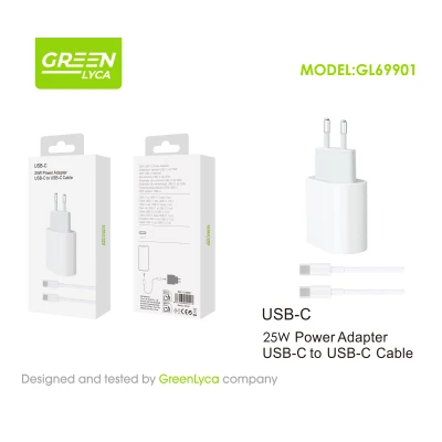 USB-C 25W charger with USB-C cable to USB-C 1 m GreenLyca GL69901