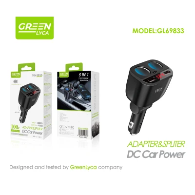 Adaptador e divisor para carro de 100 W com 2 isqueiros e 2 USB Verde