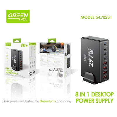 GaN 297W 8 in 1 Green Lyca GL70231 Desktop Charger: 4 USB-C PD and 4 USB-A QC