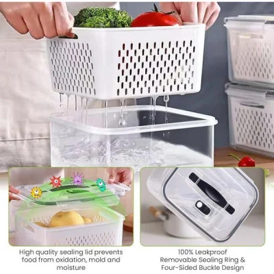 Set 4 Recipiente de Almacenamiento Fresco con Colador y Tapa Hermét...