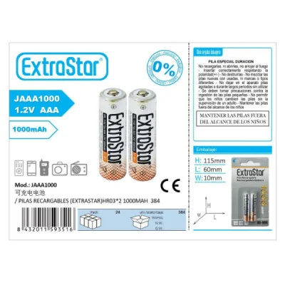 PILAS RECARGABLES (EXTRASTAR)HR03*2 1000MAH 384 paraPilas Estándar