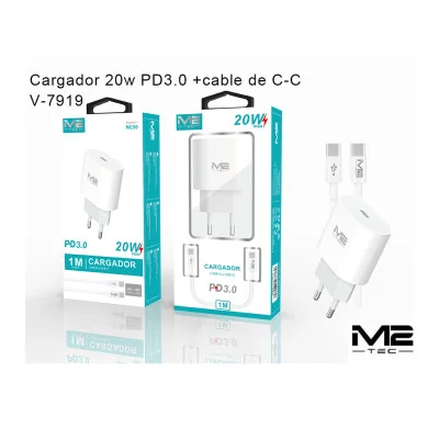 Cargador PD USB-C, 20 W, con cable USB-C a USB-C paraCargadores Tipo-C