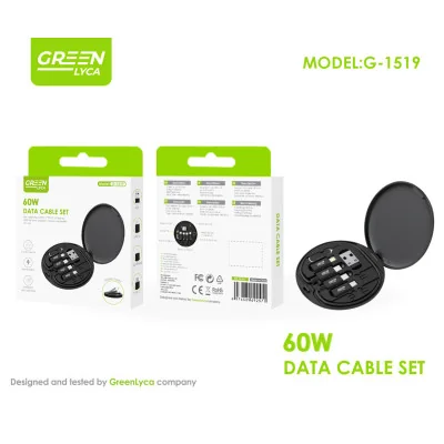 Set de cable de datos, 5 A, 480 Mbs, Tipo-C/MicroUBS/USB/Lightning. Green Lyca  G-1519