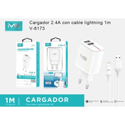 Cargador USB-A, doble puerto, 2.4 A, con cable USB-A a Lightning