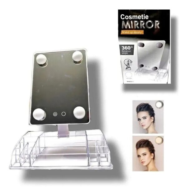 Espejo Luz Led Con Organizador Acrílico De Maquillaje