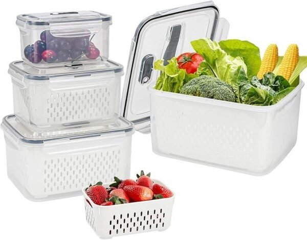 Set 4 Recipiente de Almacenamiento Fresco con Colador y Tapa Hermética Cocina - Conservación Prolongada de Alimentos - Imagen 5