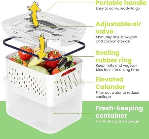 Set 4 Recipiente de Almacenamiento Fresco con Colador y Tapa Hermética Cocina - Conservación Prolongada de Alimentos - Imagen 4