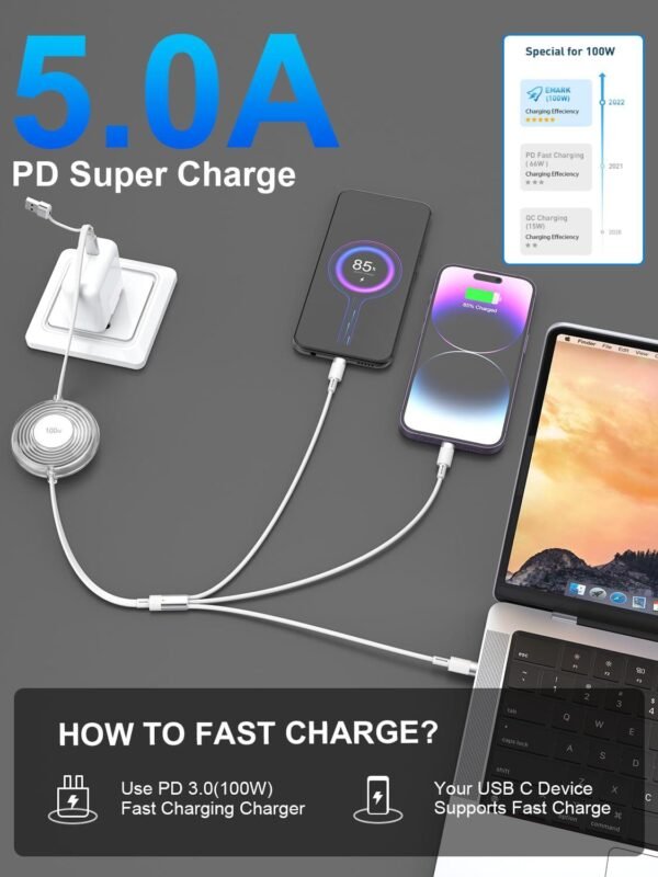 Multi Charging Cable 3 en 1 Retráctil – 100W Carga Rápida USB-C - Imagen 4