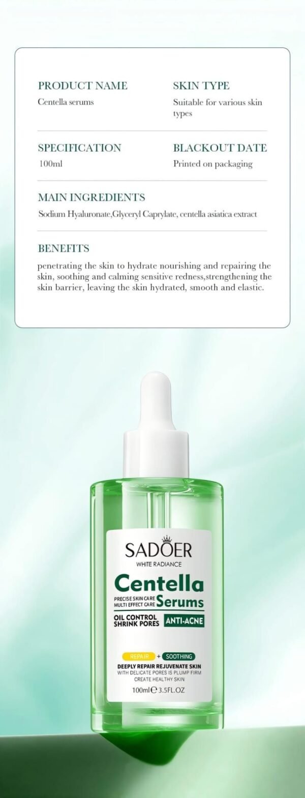 Solución Facial Multiefectos con Centella Asiática 100ml SADOER – Calma, Regenera e Hidrata la Piel Sensible y Estresada - Imagen 3